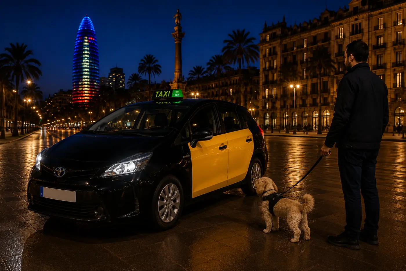 Cliente con su perro junto a un taxi