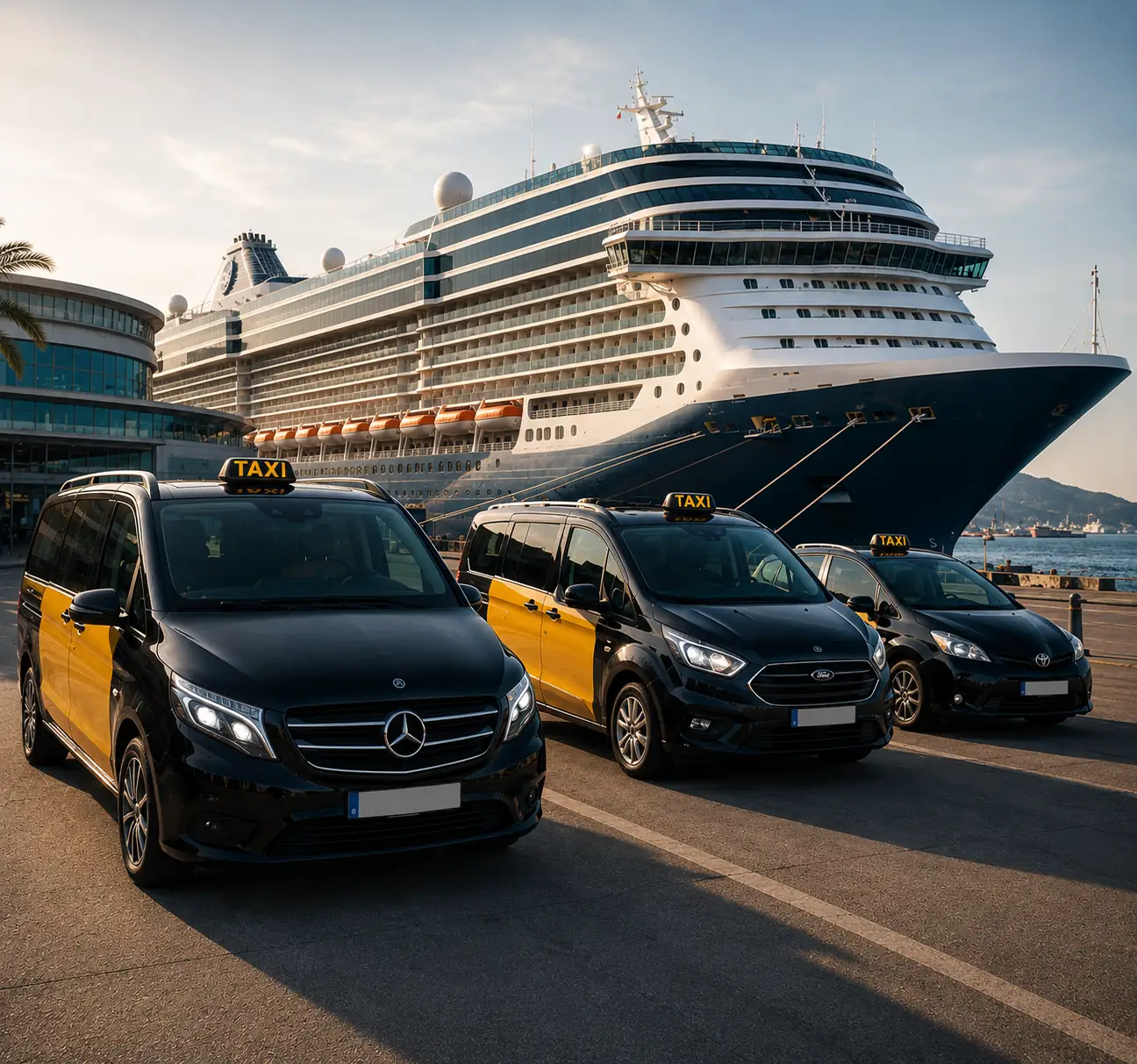 Flota de taxis frente a un crucero en el Puerto de Barcelona