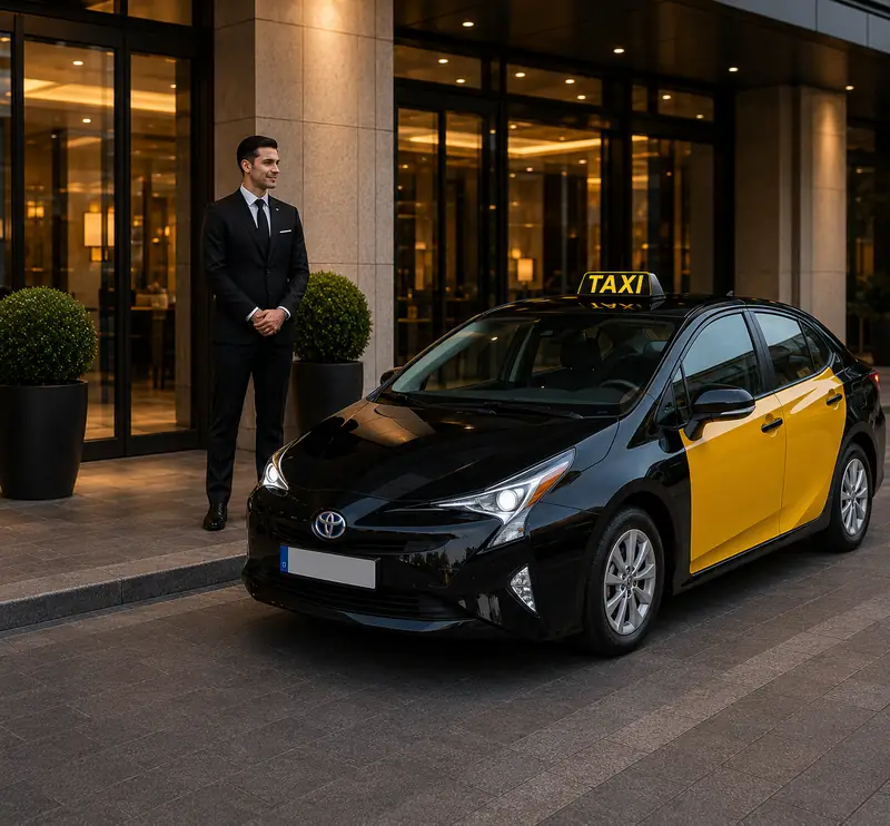 Taxi de Barcelona recogiendo a un cliente en la puerta de un hotel